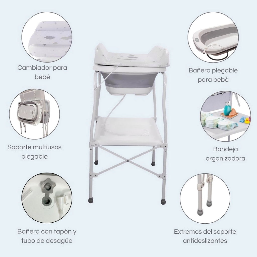 Bathby | Bañera Bebé 5 En 1 Plegable Con Soporte, Cambiador, Bandejas, Desagüe (gris Standard)_4