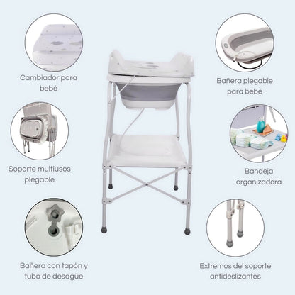 Bathby | Bañera Bebé 5 En 1 Plegable Con Soporte, Cambiador, Bandejas, Desagüe (gris Standard)
