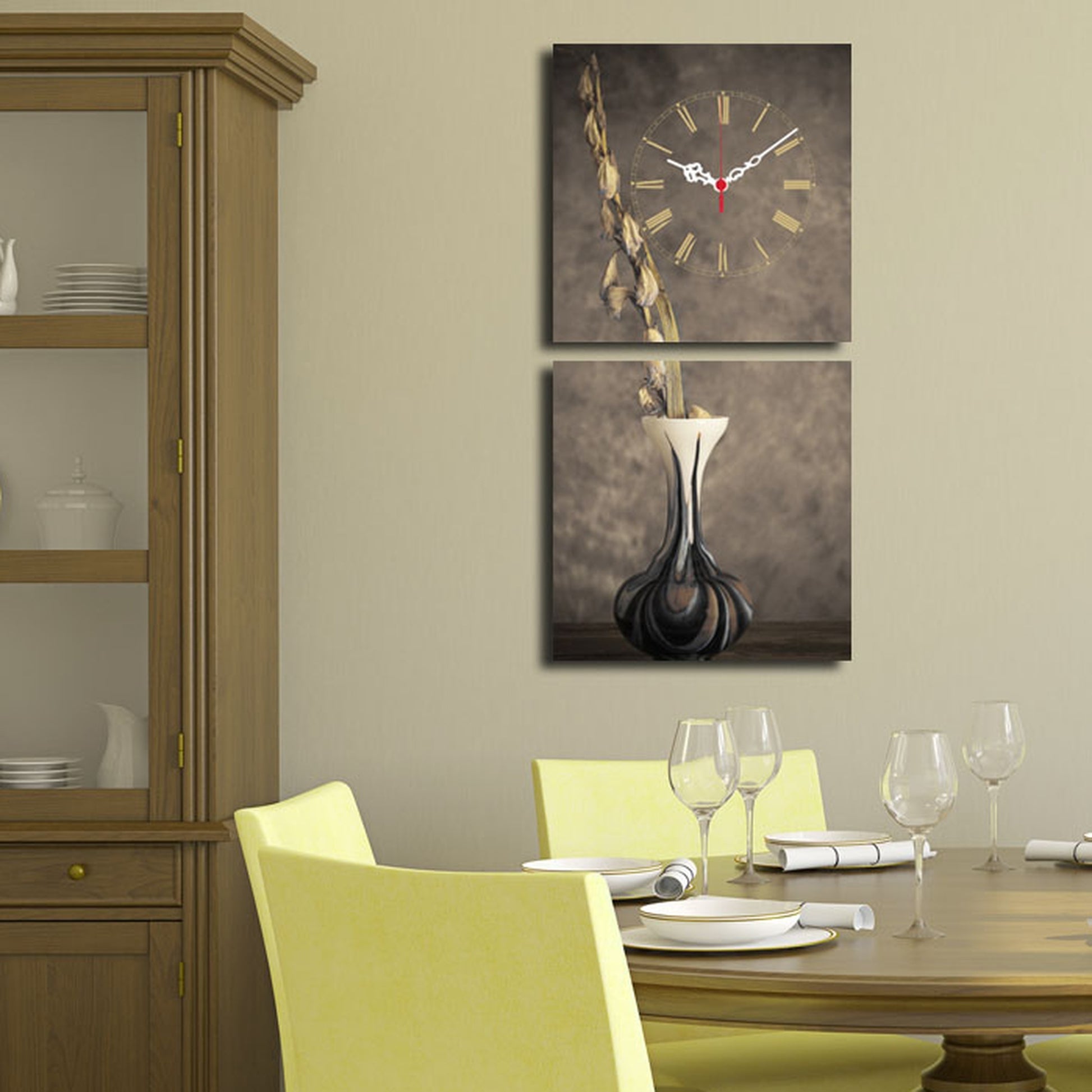 Reloj De Pared Con Lienzo Decorativo De Jarrón_3