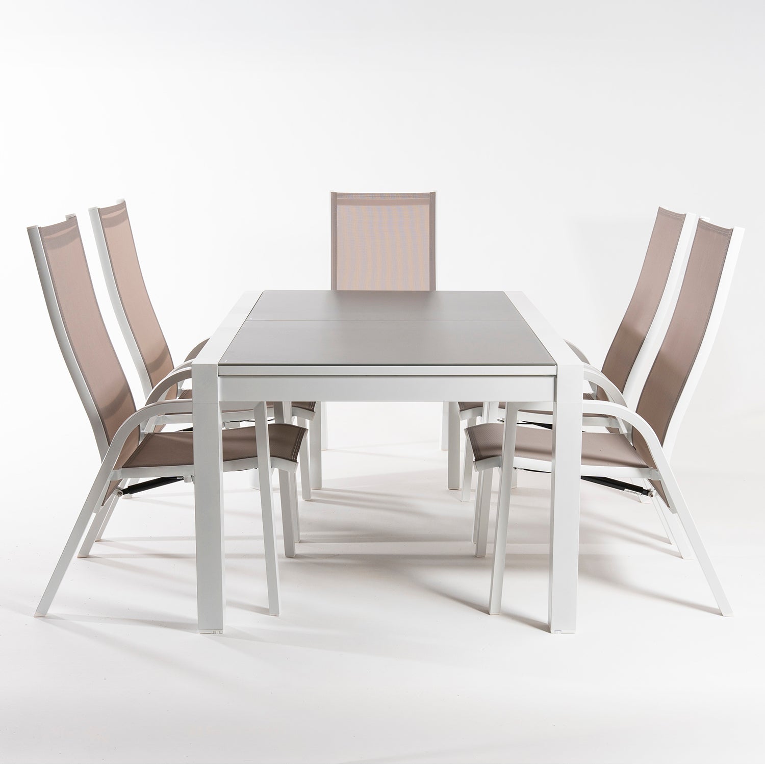 Conjunto De Jardín, Mesa Extensible 160/210 Cm Y 6 Sillones Reclinables, Aluminio Blanco, Textilene Taupé, Cristal Mate, Templado Y Grueso Color Taupé_3