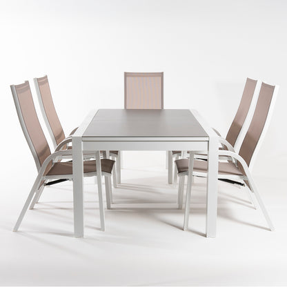 Conjunto De Jardín, Mesa Extensible 160/210 Cm Y 6 Sillones Reclinables, Aluminio Blanco, Textilene Taupé, Cristal Mate, Templado Y Grueso Color Taupé_3