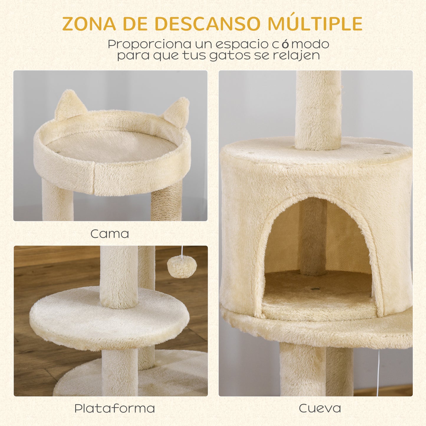Pawhut Árbol Rascador Para Gatos 104 Cm Con Plataformas Refugio Postes De Sisal_3