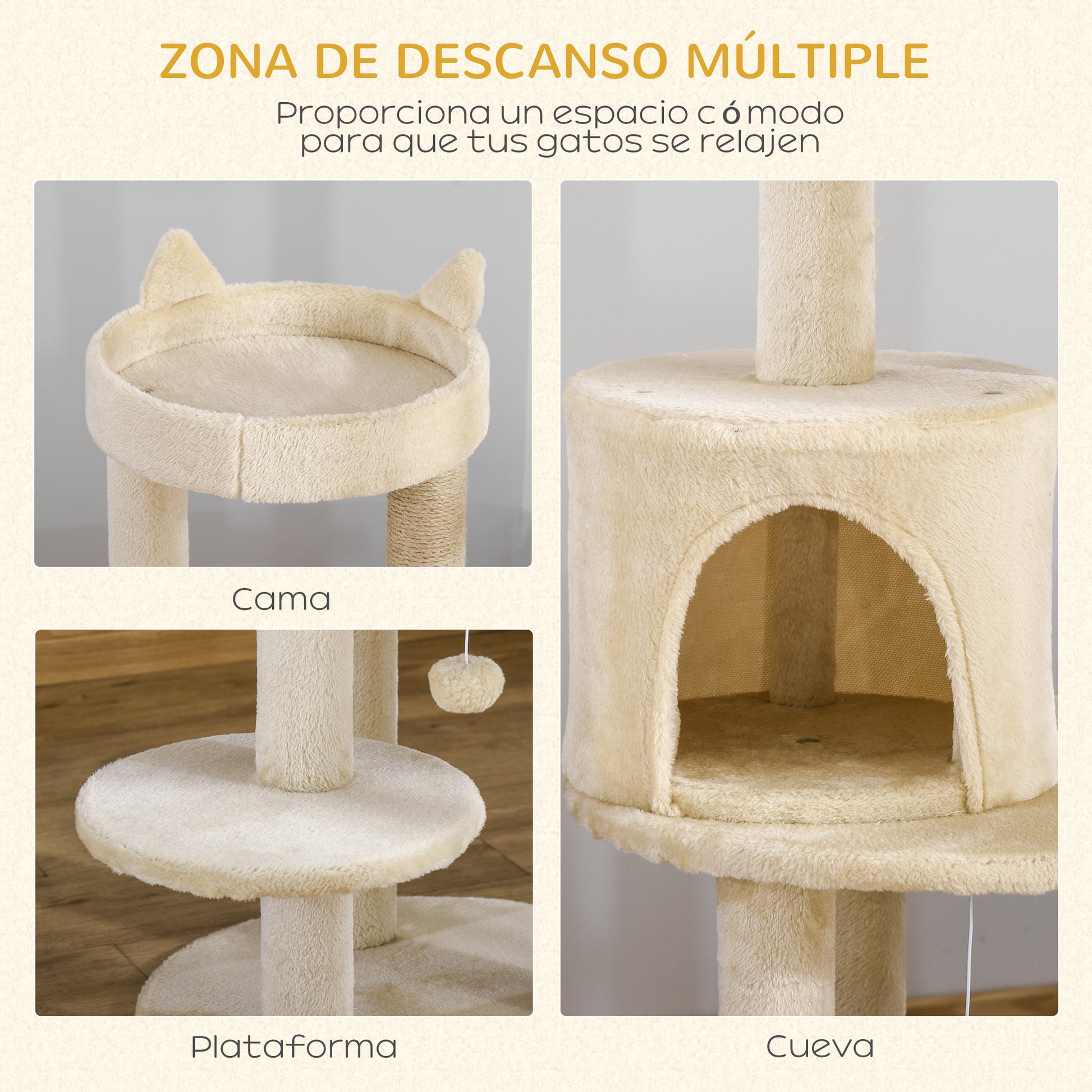 Pawhut Árbol Rascador Para Gatos 104 Cm Con Plataformas Refugio Postes De Sisal_3