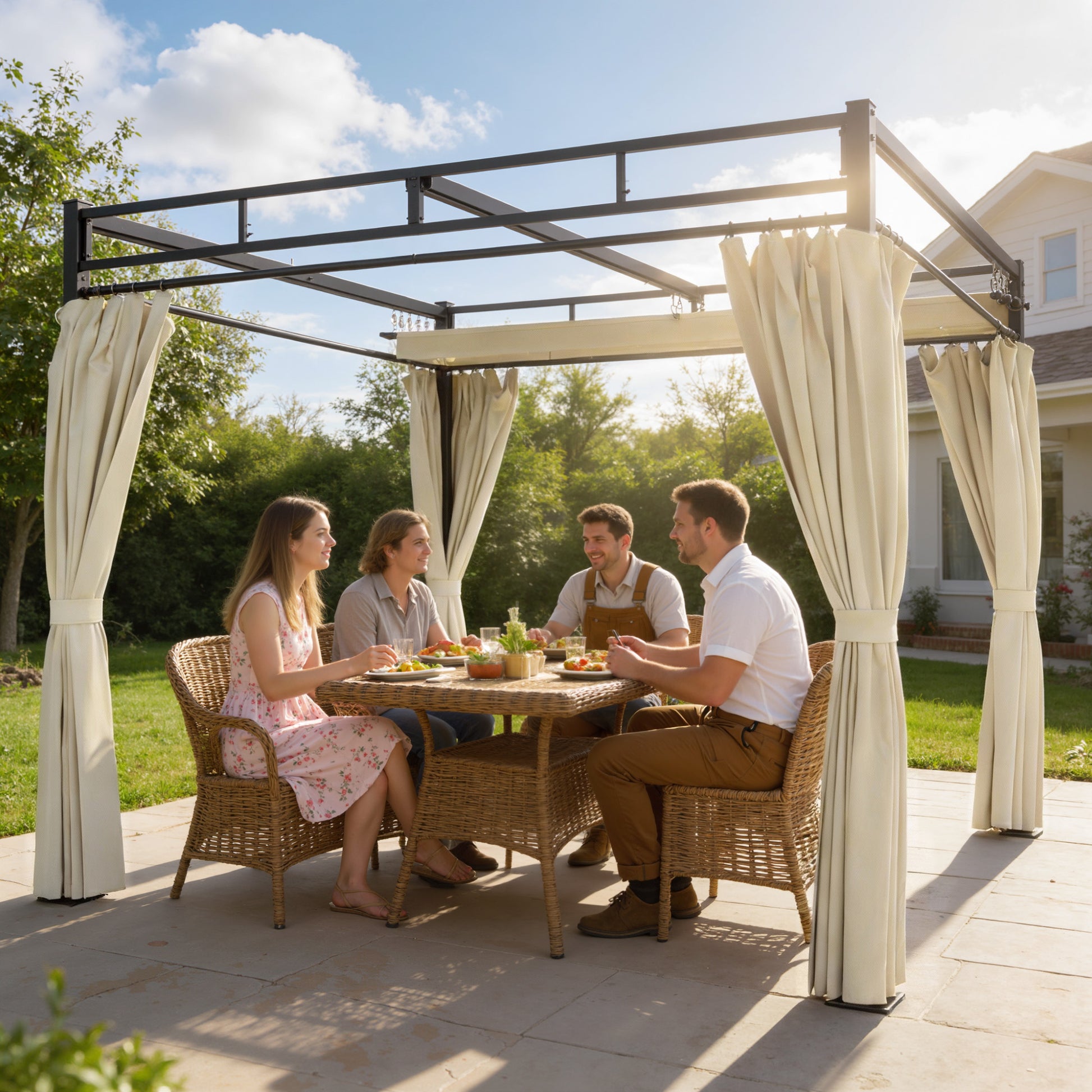 Outsunny Pérgola De Jardín 3x3 M Con Techo Retráctil Y 4 Cortinas_1