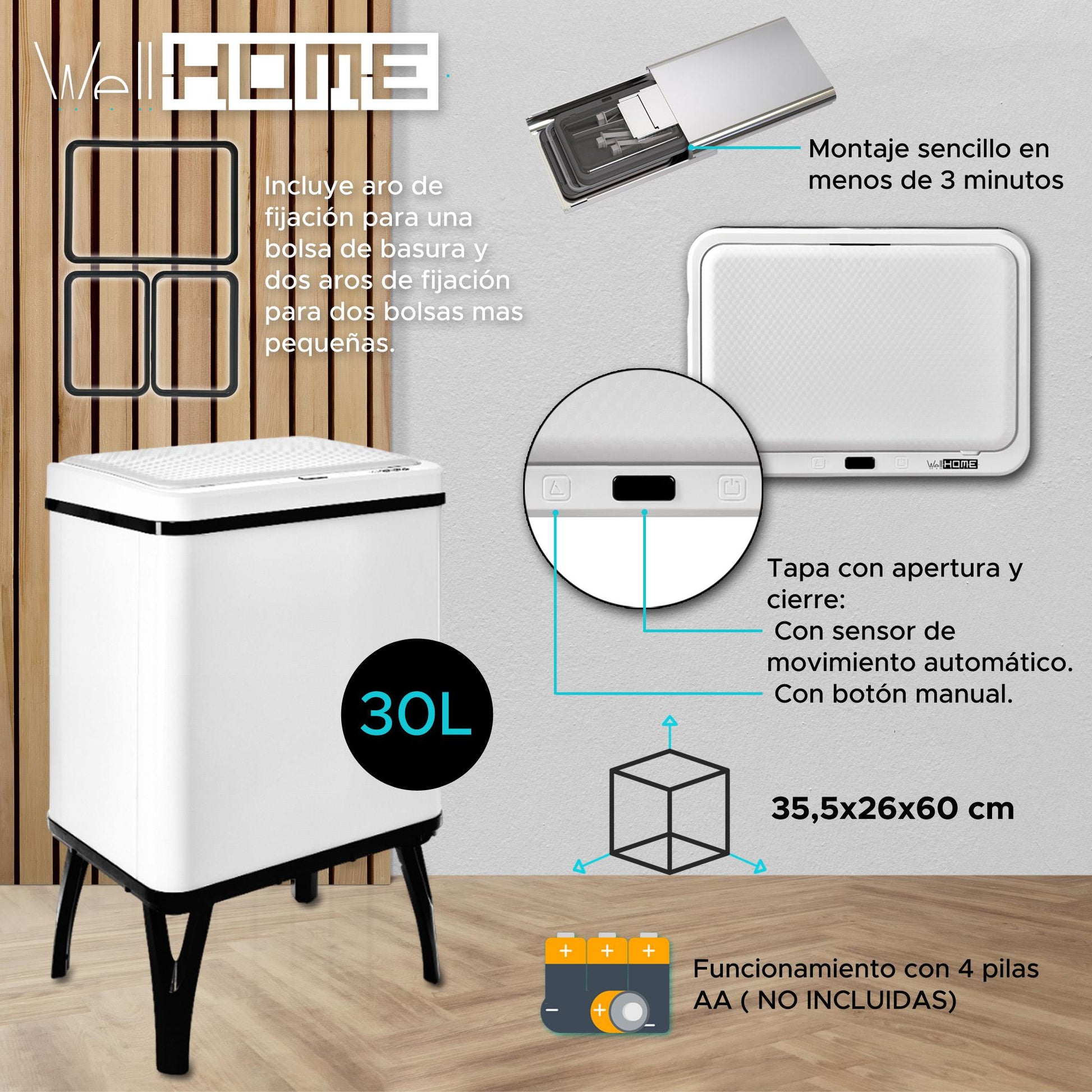 Wellhome Cubo Inteligente Apertura Automática Y Manual 30l Blanco