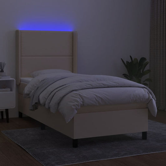 Cama Box Spring Colchón Y Luces Led Tela Color Crema 90x190 Cm / Vetonek_0