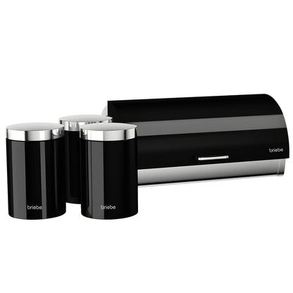 Panera De Mesa +juego 3 Botes Cocina Almacenaje Acero Inoxidable Contenedor De Pan Con Tapa, Briebe, Bb1161, Negro/inox