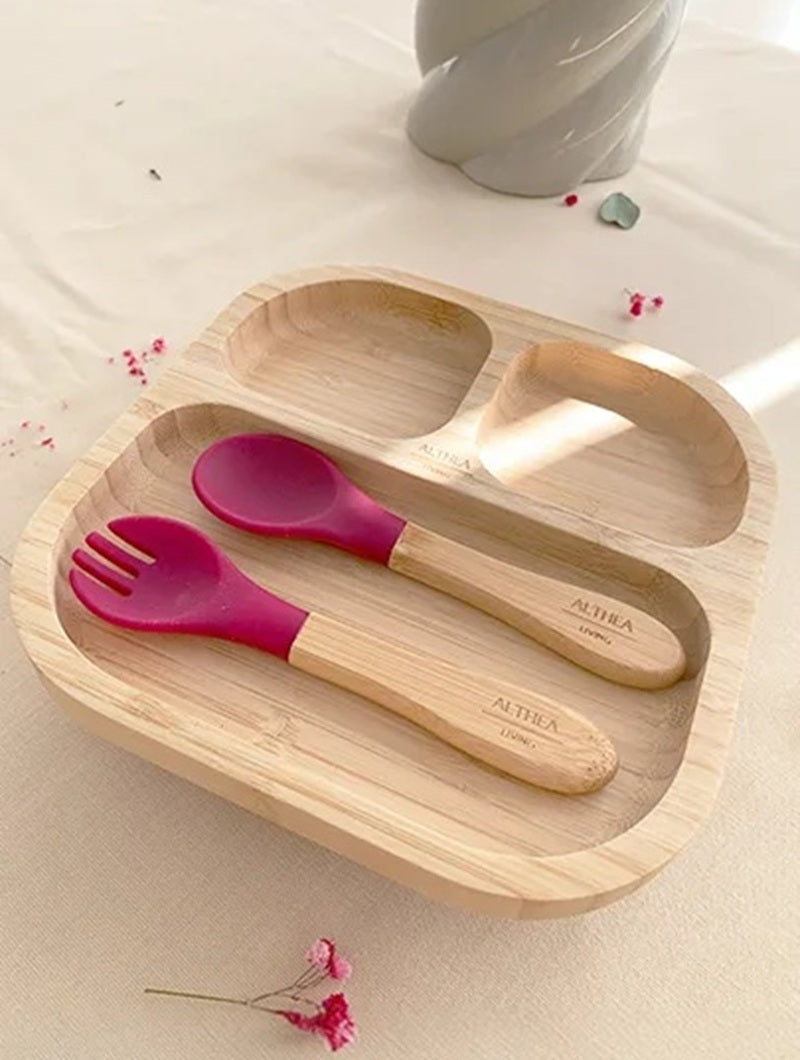 Vajilla De Bambú Natural - 4 Piezas - Rojo Carmesí._1