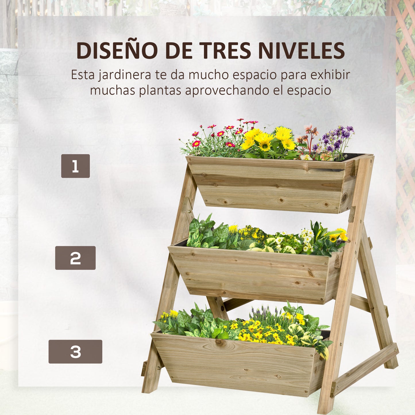 Outsunny Jardinera De Escalera 3 Pisos De Madera Con Tela No Tejida 71x61x77 Cm_3