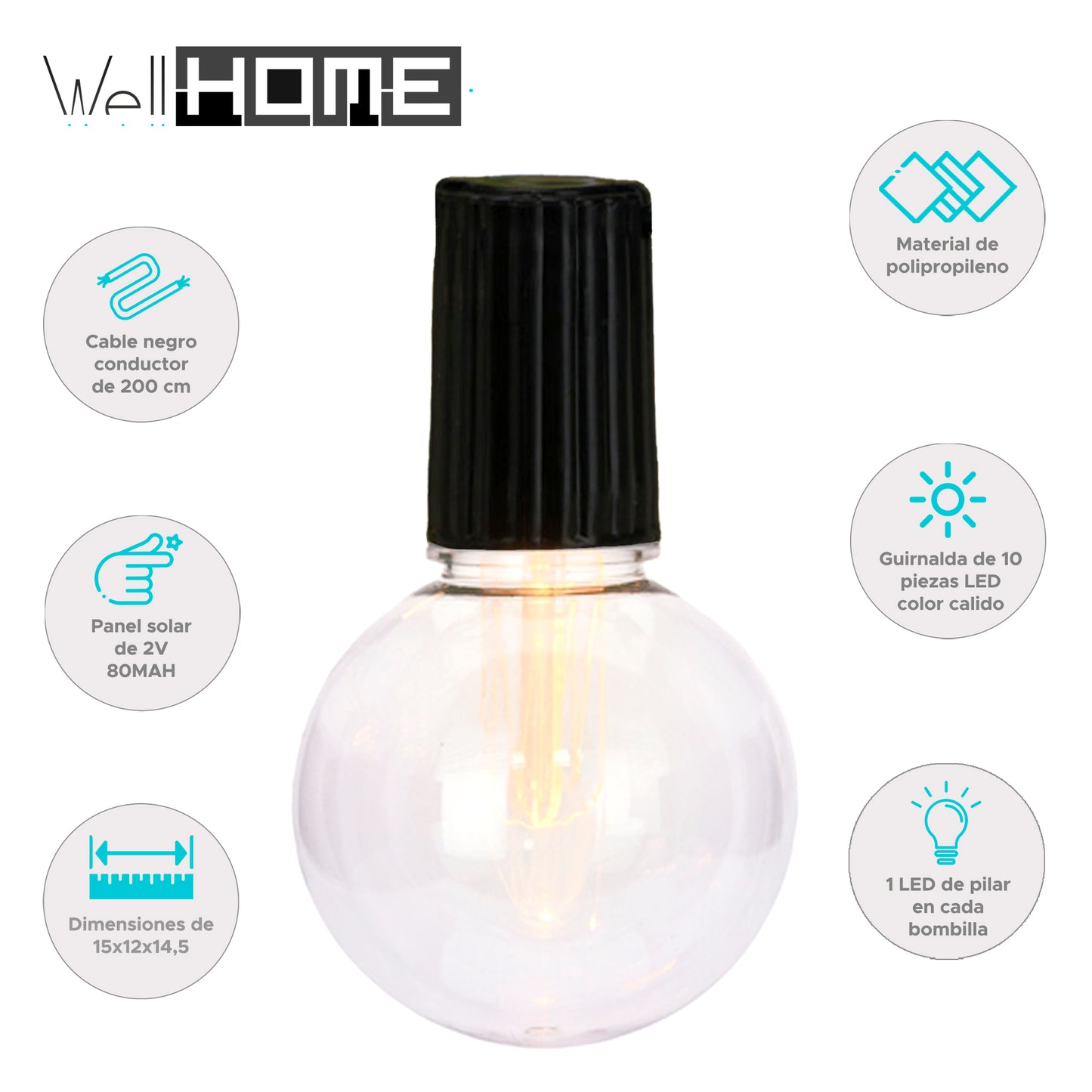 Well Home Set De 20 Luces Blancas Cálidas De Fiesta Solar Con Panel Led Grises_1