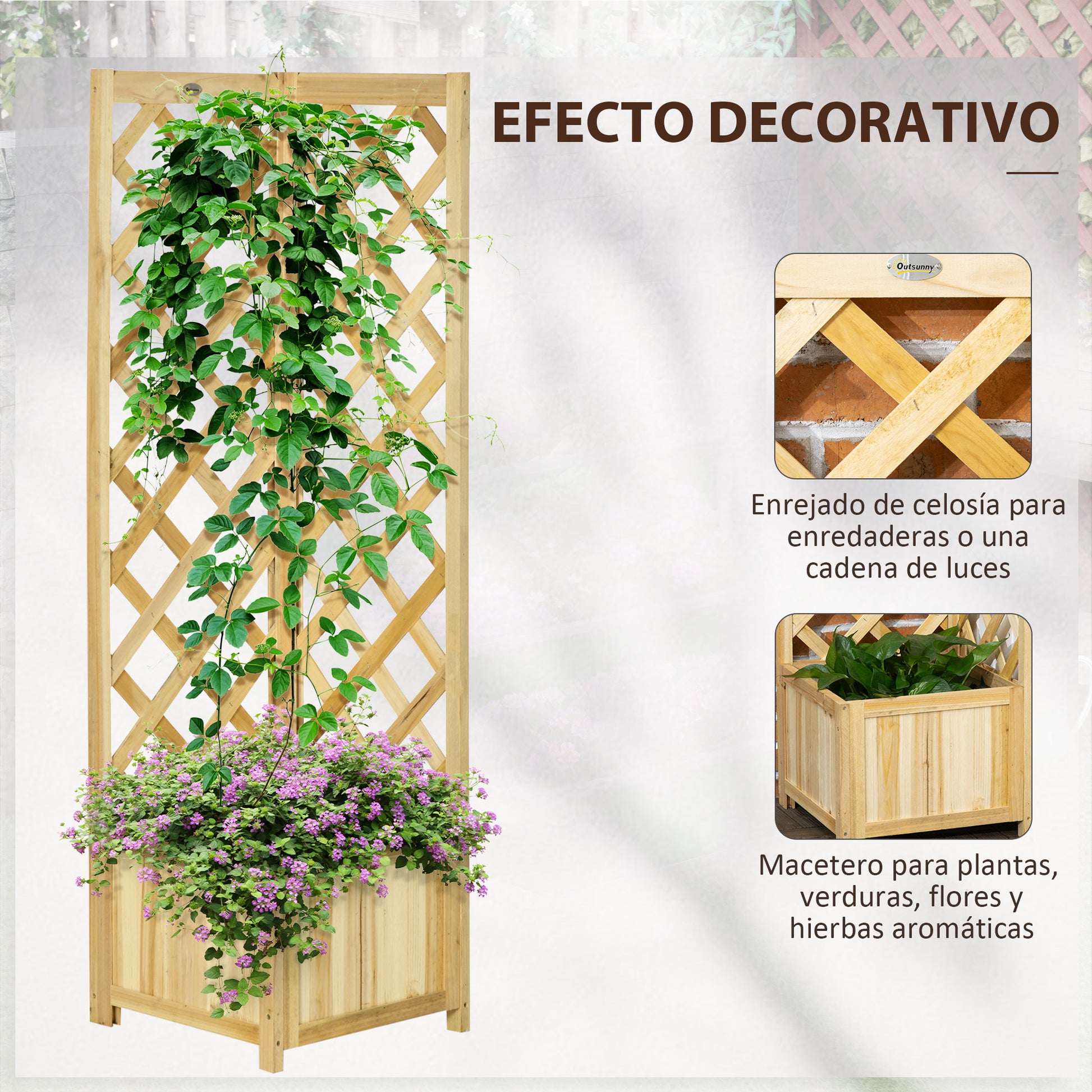 Outsunny Jardinera Con Enrejado De Madera Para Trepadoras 40x40x145 Cm Natural_3