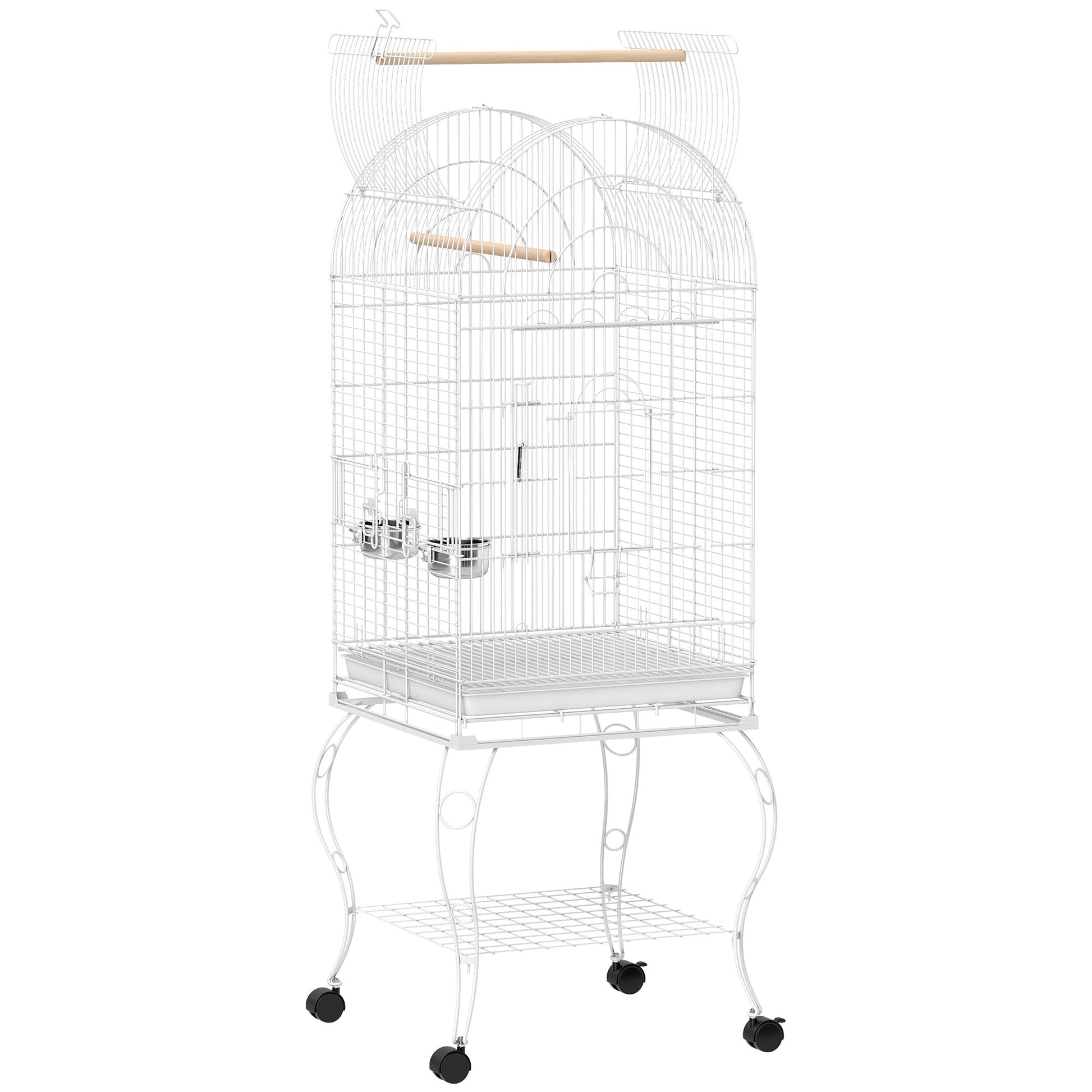 Pawhut Jaula Para Pájaros Con Ruedas Y Estante 2 Comederos 51x51x153 Cm Blanco_0