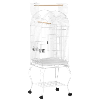 Pawhut Jaula Para Pájaros Con Ruedas Y Estante 2 Comederos 51x51x153 Cm Blanco_0