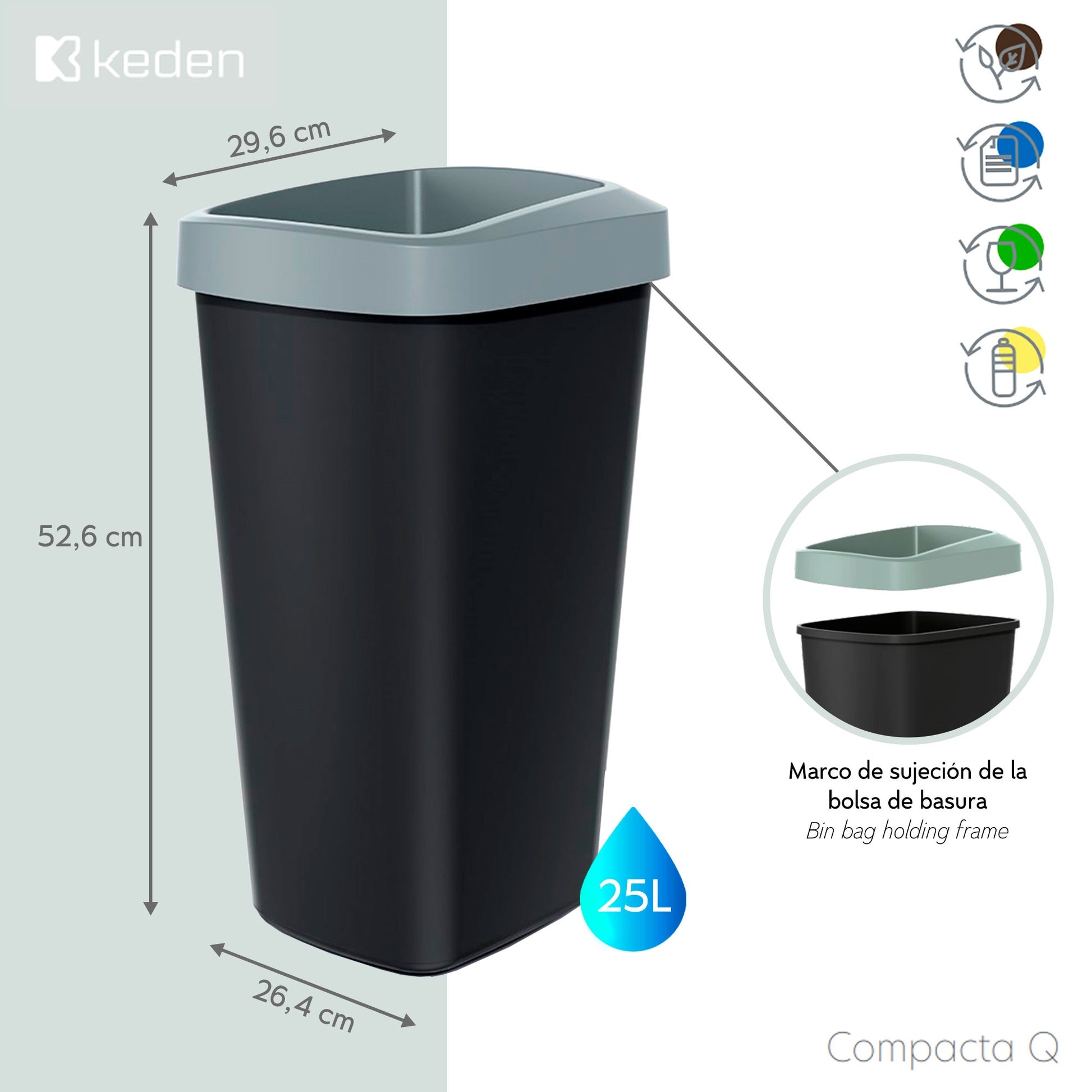 Cubo De Reciclaje 25l Keden En Plástico Con Práctica Tapa Abierta Color Verde._1