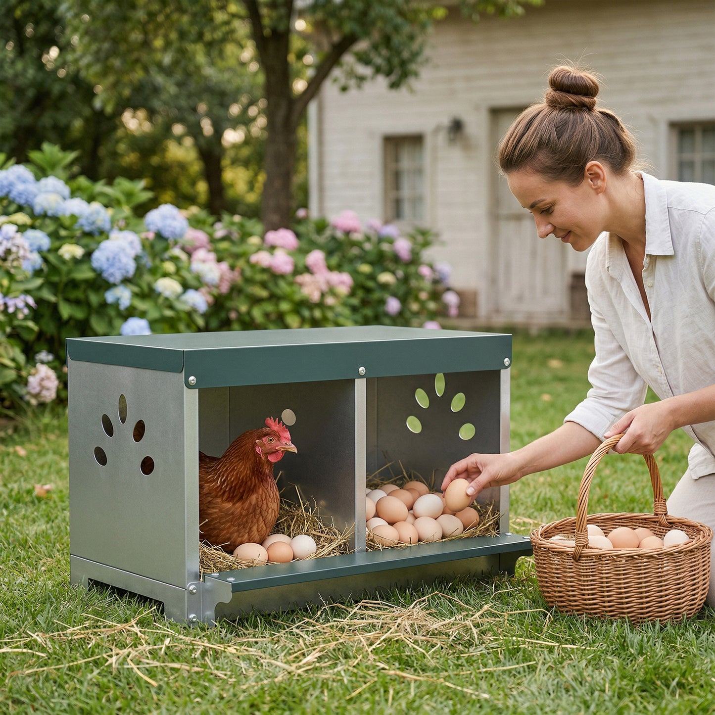 Pawhut Ponedero Para Gallinas De Acero Galvanizado Con 2 Huecos Para 2 Gallinas_3