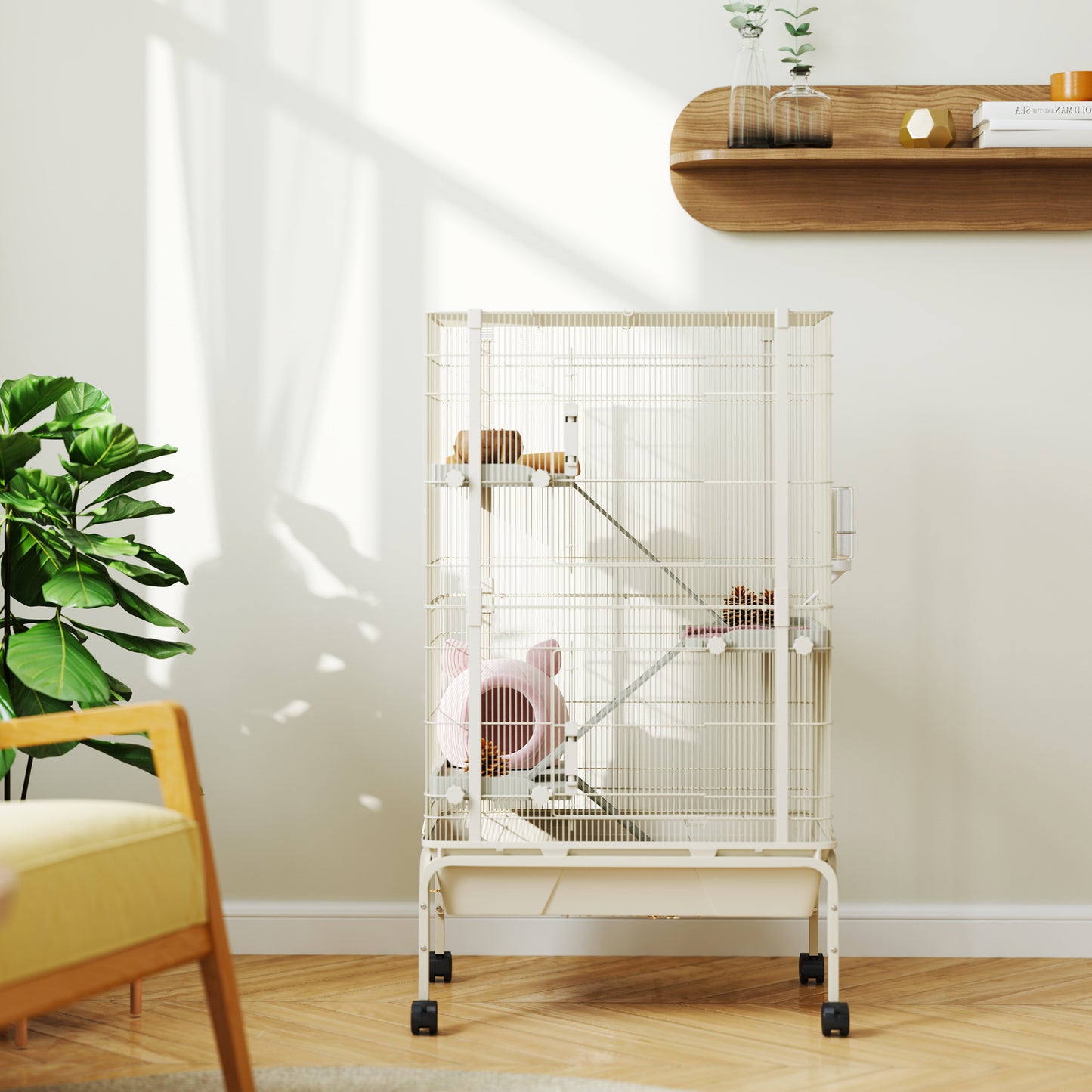 Pawhut Jaula Para Animales Pequeños De 4 Niveles Con Ruedas 69x44x120 Cm Beige_4