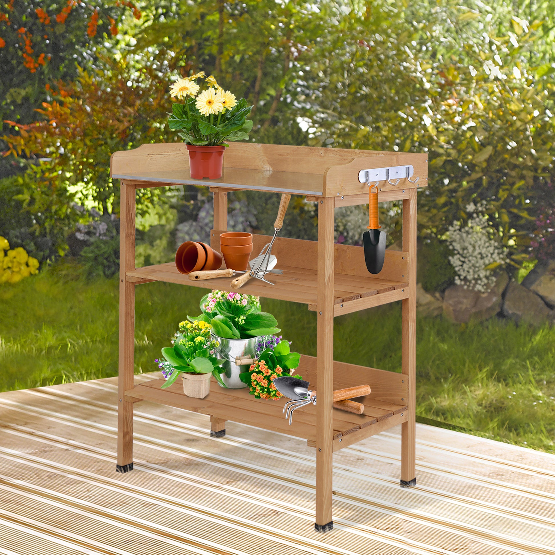 Outsunny Mesa De Plantación De Madera Con Placa Metálica Y 2 Estantes Natural_1
