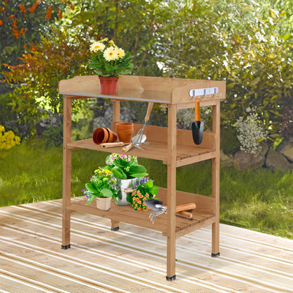Outsunny Mesa De Plantación De Madera Con Placa Metálica Y 2 Estantes Natural_1