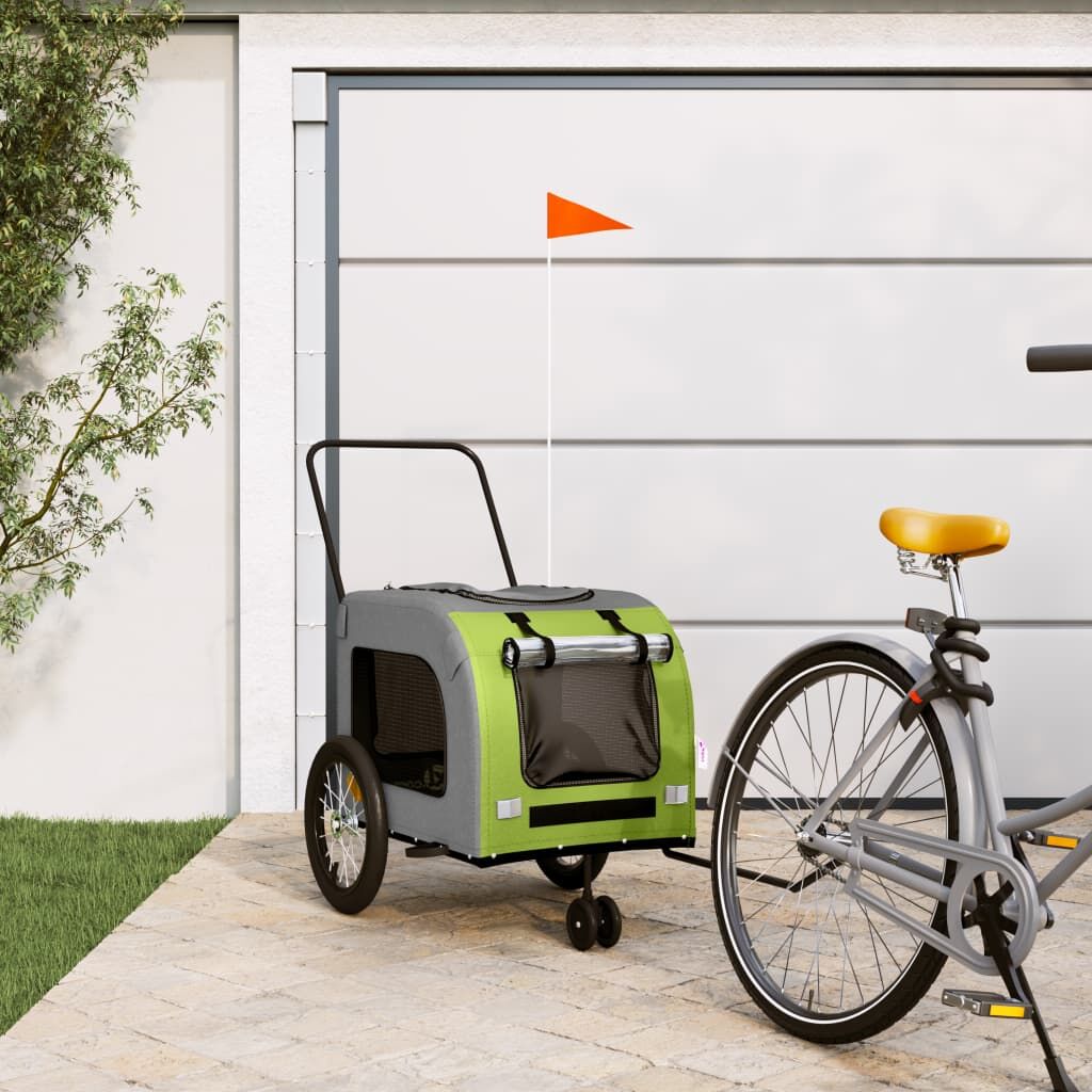 Vidaxl Remolque De Bicicleta Mascotas Hierro Tela Oxford Verde Gris_1