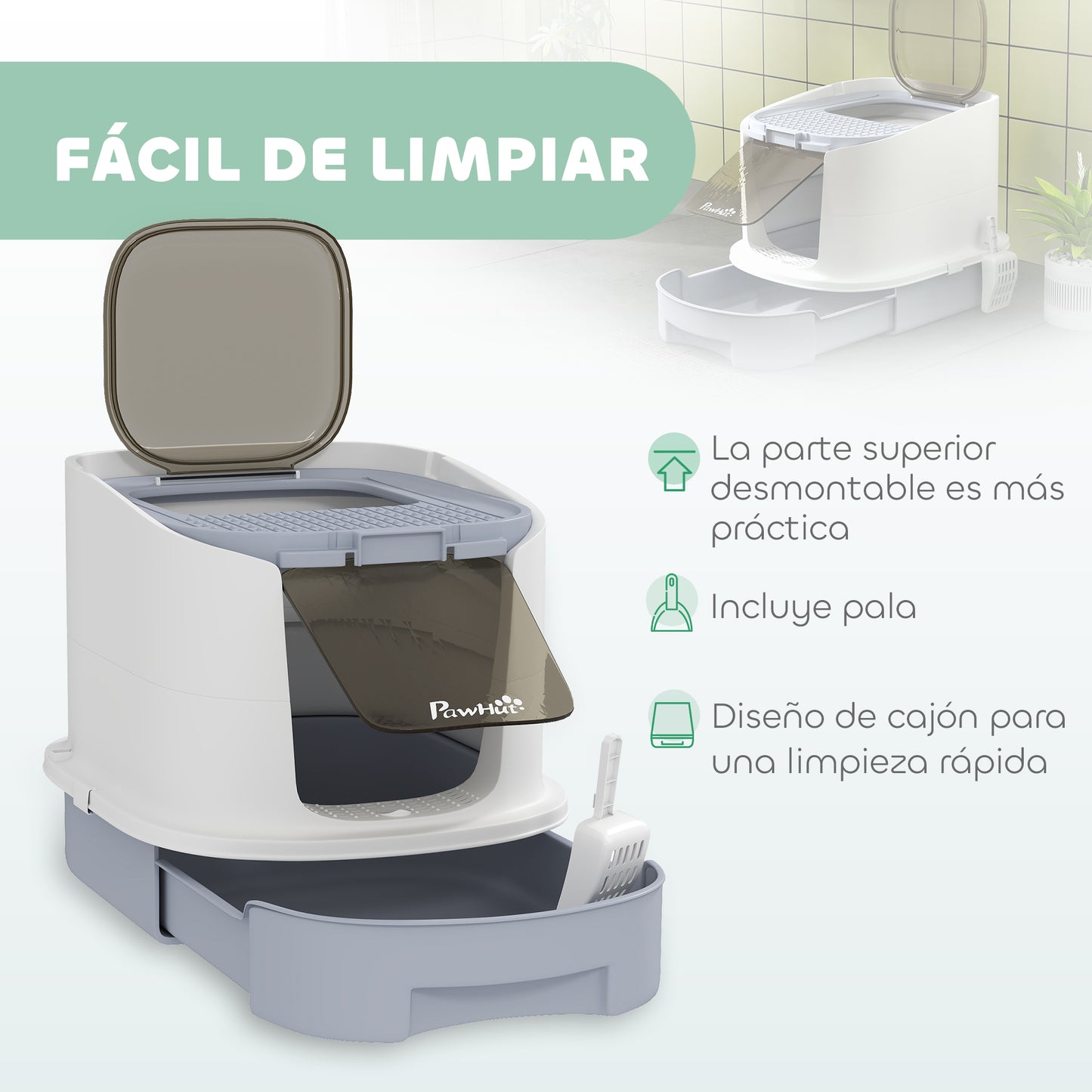 Pawhut Arenero Para Gatos Cubierto Con Bandeja Extraíble Y Pala Blanco Y Gris_4
