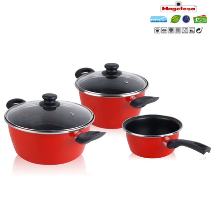 Bateria De Cocina 5 Piezas + Set Juego 3 Sartenes 18-20-24cm, Acero Vitrificado 820ºc, Libre Pfoa Magefesa Grana, Rojo