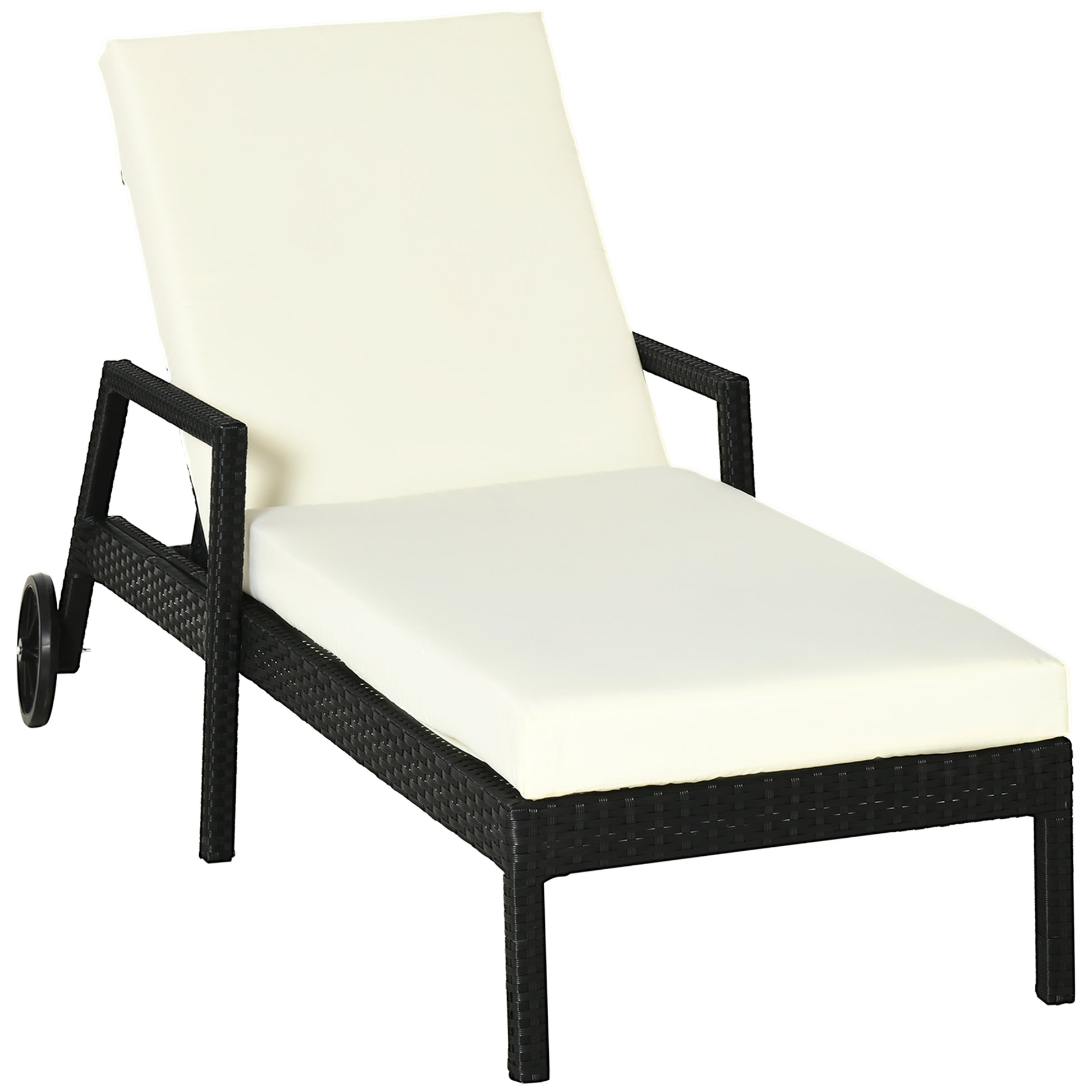 Outsunny Tumbona De Ratán Jardín Con Cojines Respaldo Ajustable Y 2 Ruedas Negro_0