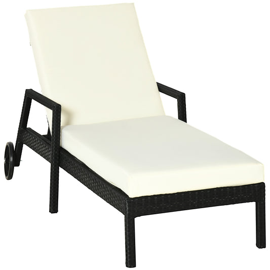 Outsunny Tumbona De Ratán Jardín Con Cojines Respaldo Ajustable Y 2 Ruedas Negro_0