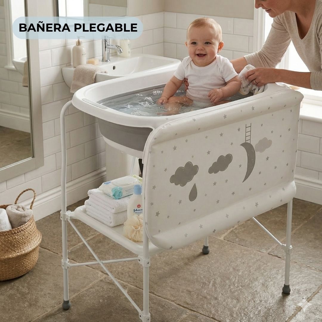 Bañera Bebé 5 En 1 Plegable Con Soporte, Cambiador, Bandejas, Desagüe, Gris Standard Bathby_1
