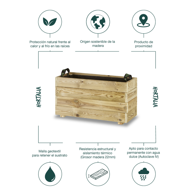Jardinera Rectangular De Madera Tratada 70x30x40 Cm Ghio Hortalia_4