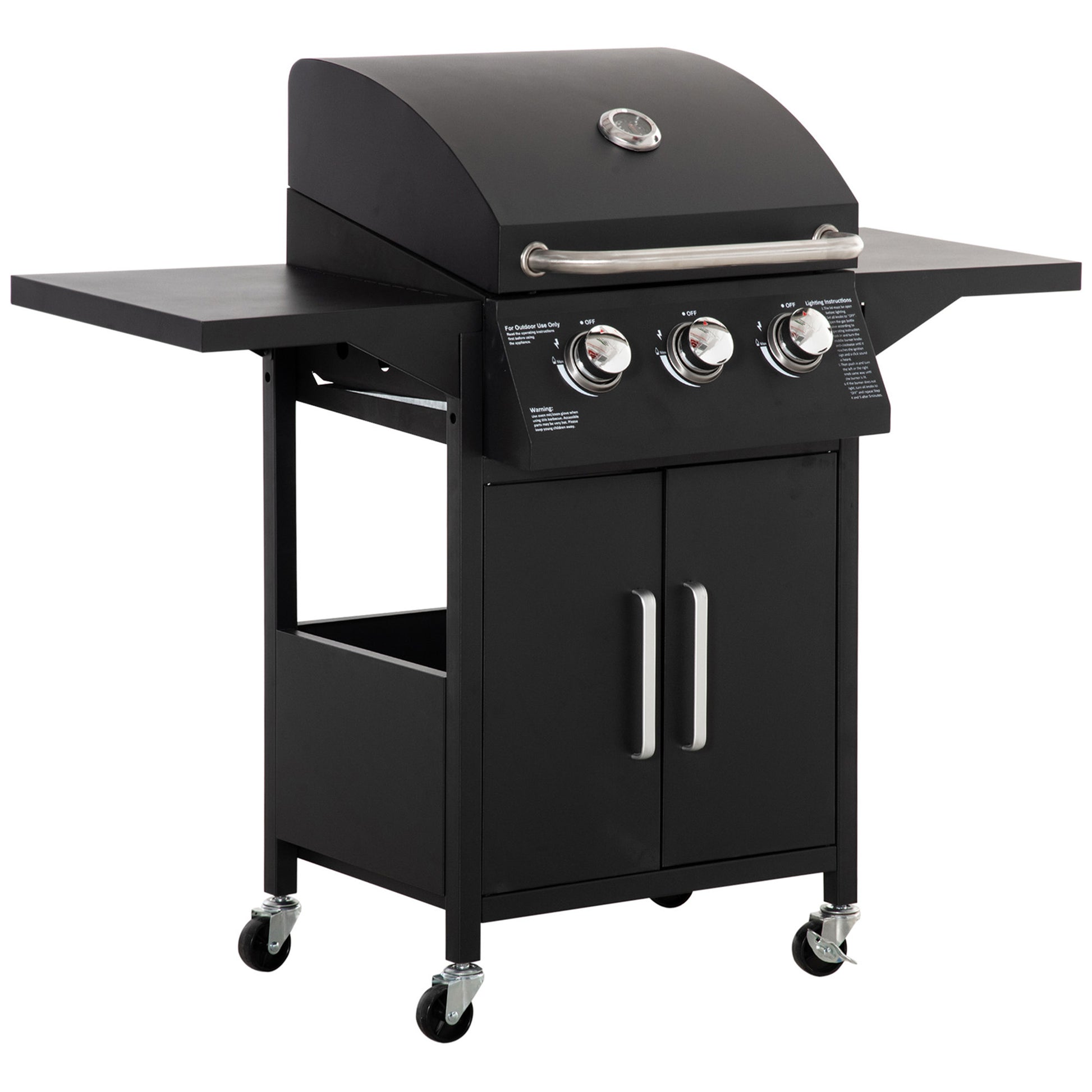 Outsunny Barbacoa De Gas Bbq Con 3 Quemadores 2 Mesas Laterales Armario 4 Ruedas_0