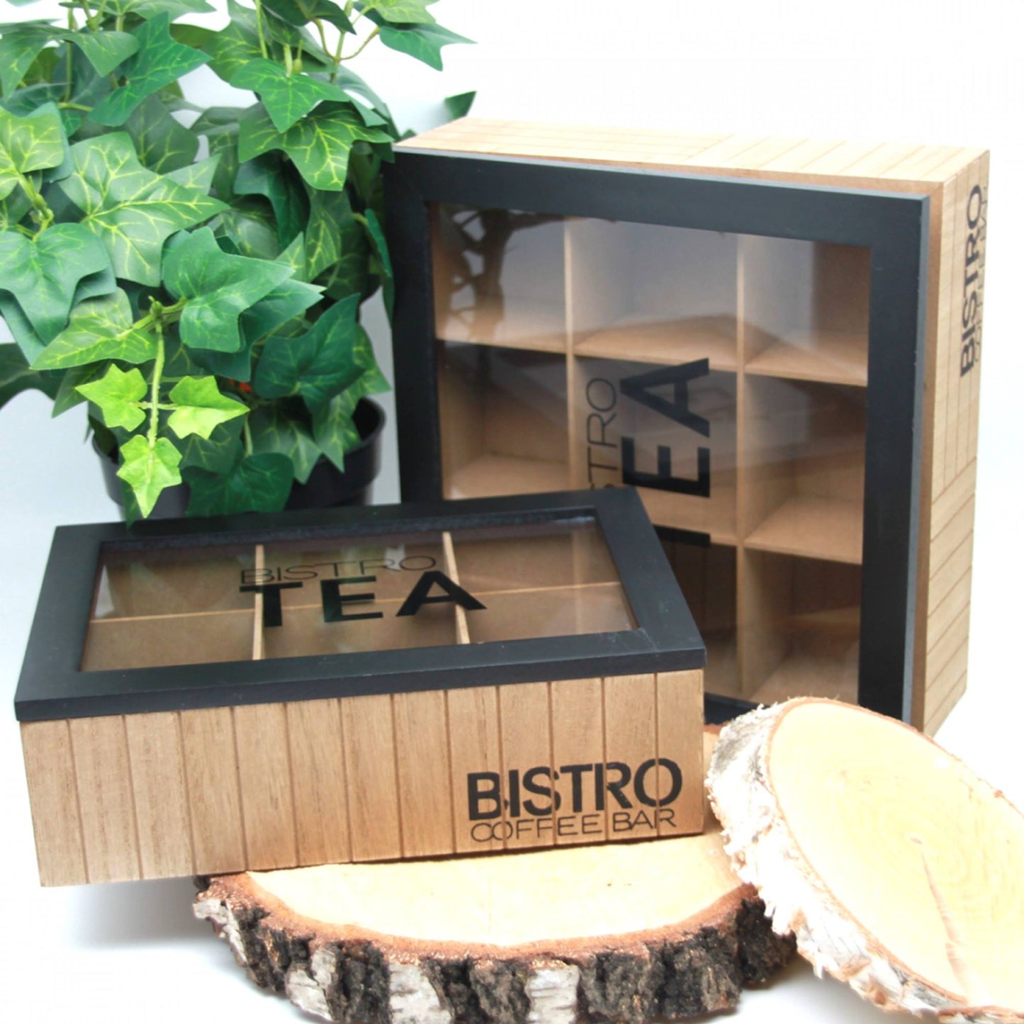 Well Home Caja De Té De 9 Compartimentos Con Tapa De Vidrio Color Negro