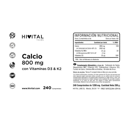 Calcio 800 mg con vitamina D3 y K2 240 comprimidos Hivital