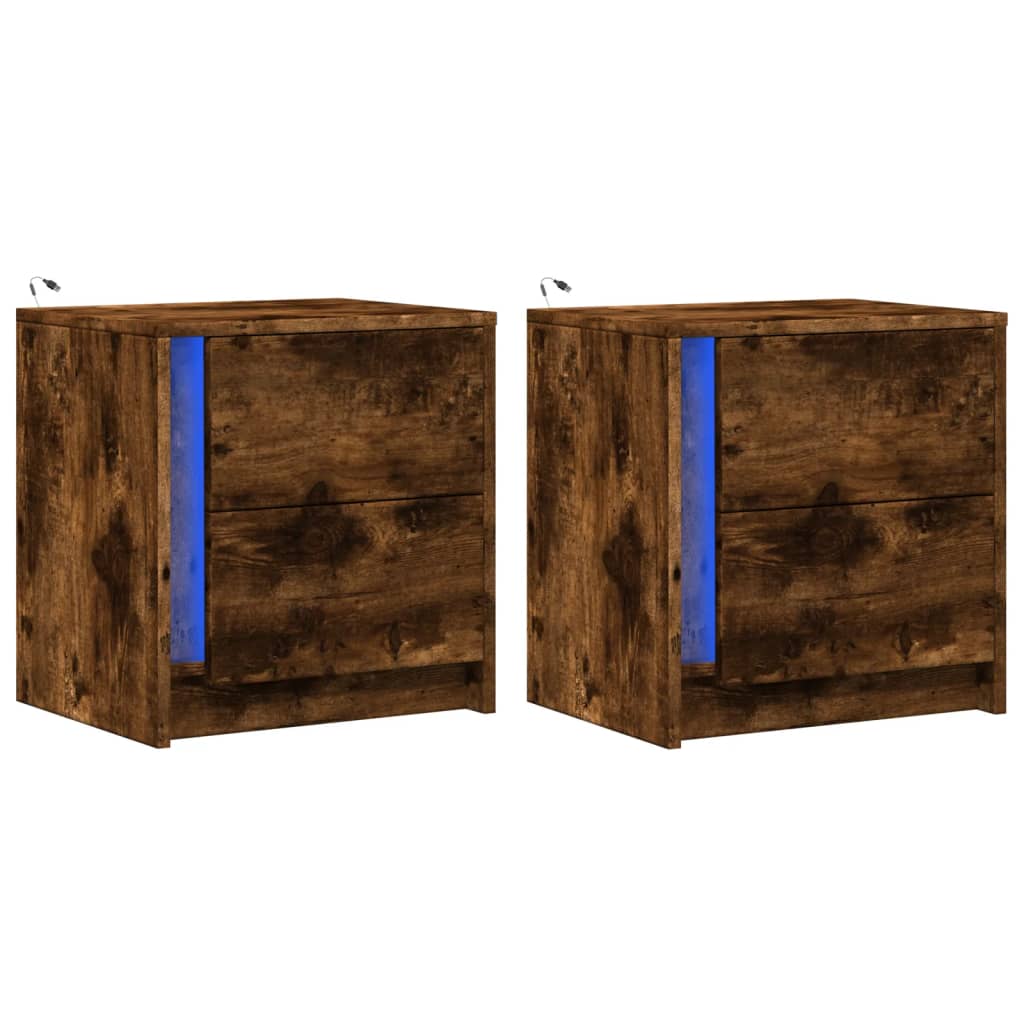 Mesita De Noche Luces Led 2 Uds Madera Ingeniería Roble Ahumado_1