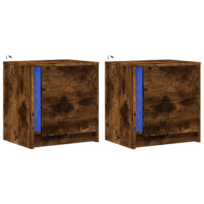 Mesita De Noche Luces Led 2 Uds Madera Ingeniería Roble Ahumado_1