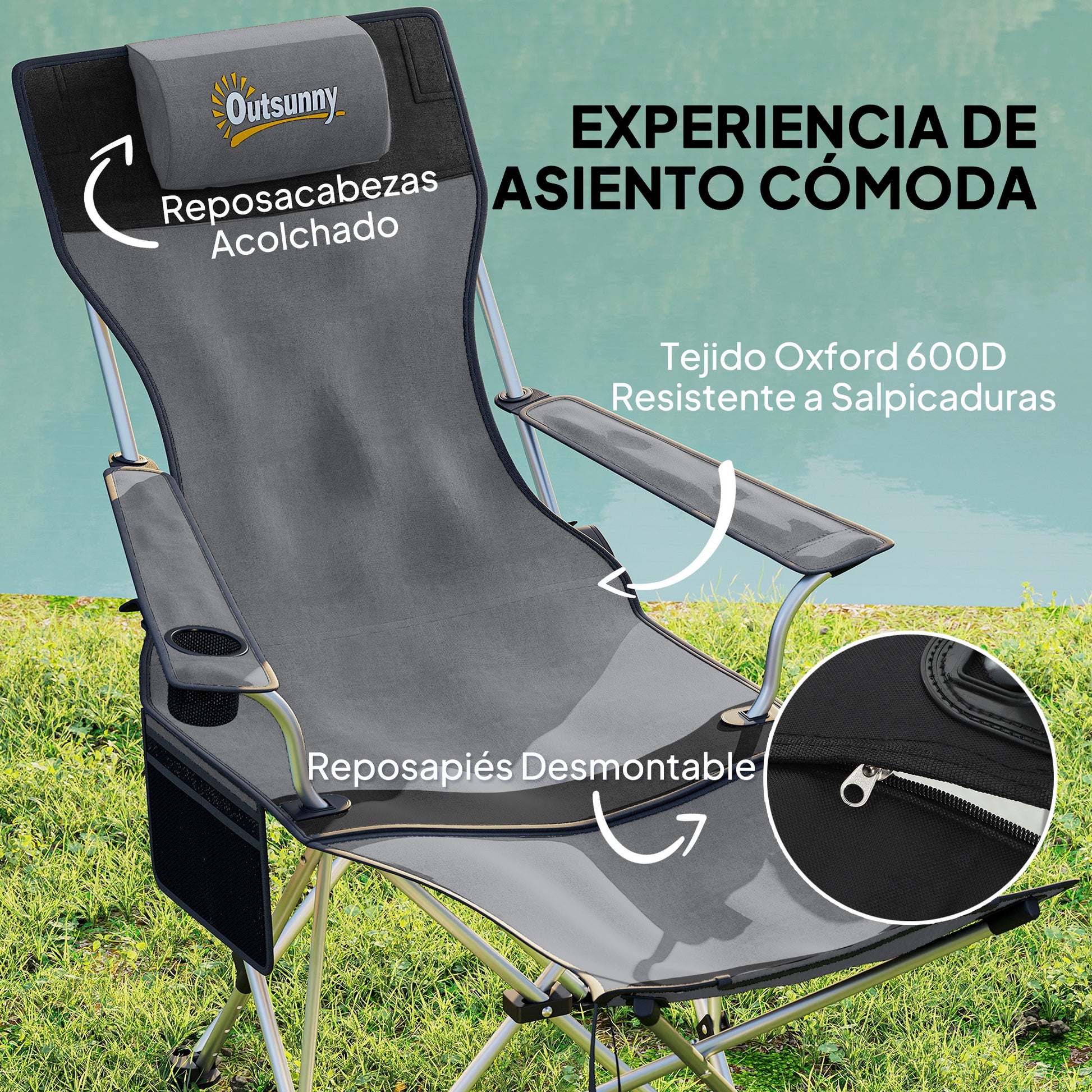 Outsunny Conjunto De 2 Sillas Plegables Camping Con Reposapiés Desmontable Gris_3