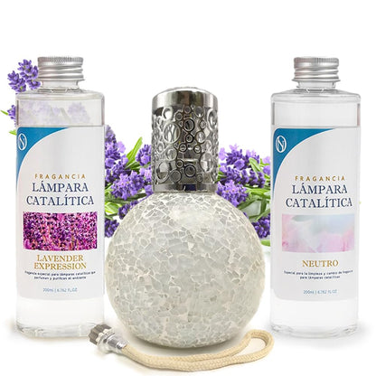 Pack Lámpara Catalítica Mosaico Blanco + Fragancia Lavender Expression 500ml + Limpiador Neutro 200ml + Mecha Repuesto_0