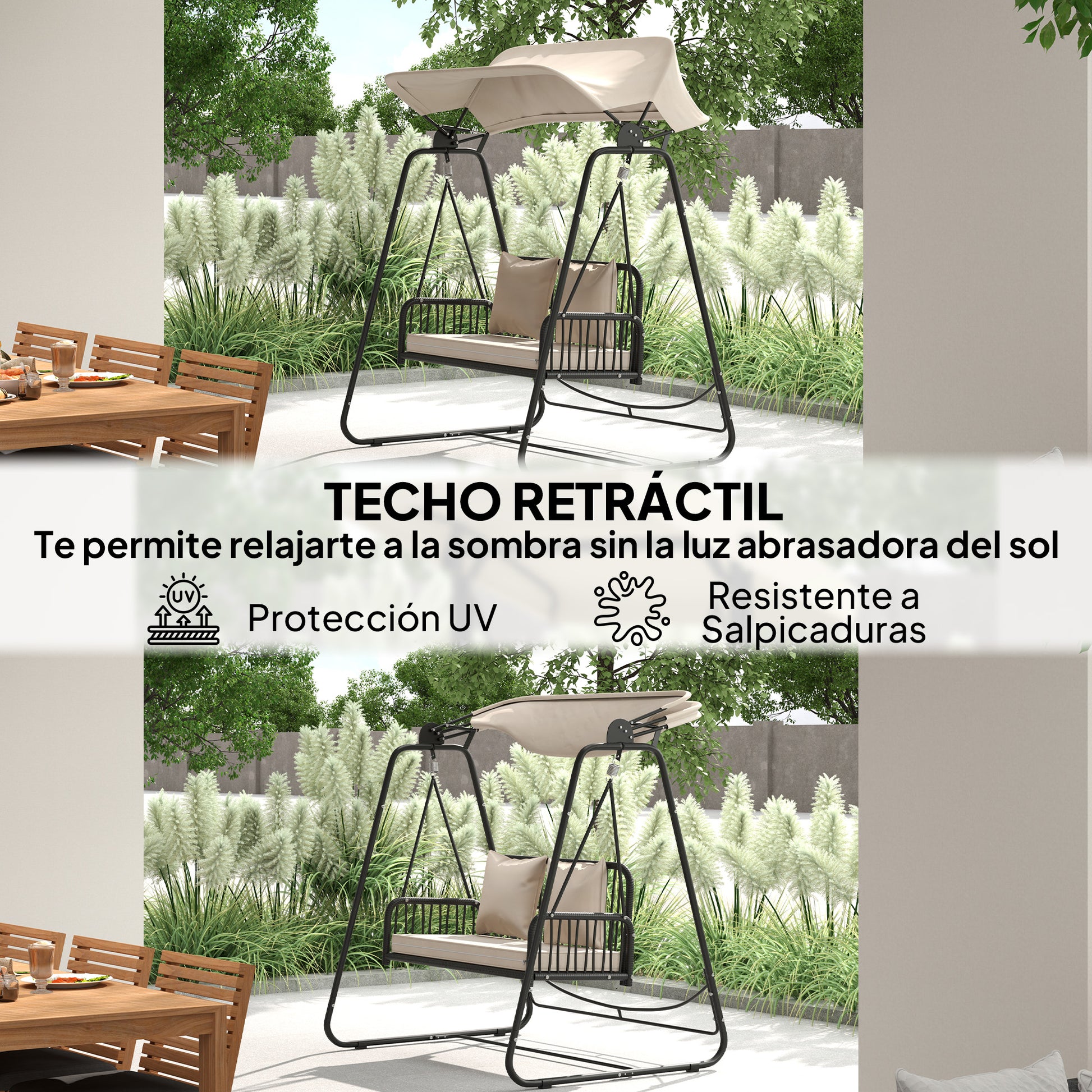 Outsunny Columpio De Jardín De 2 Plazas Con Toldo Retráctil Carga 240 Kg Caqui_3