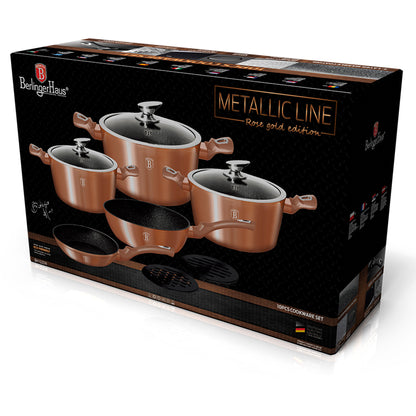 Batería Cocina Inducción 10 Piezas, Antiadherente Mármol Sin Pfoa, Aluminio, Cazuelas Sartenes Berlinger Haus Rose Gold Oro Rosado