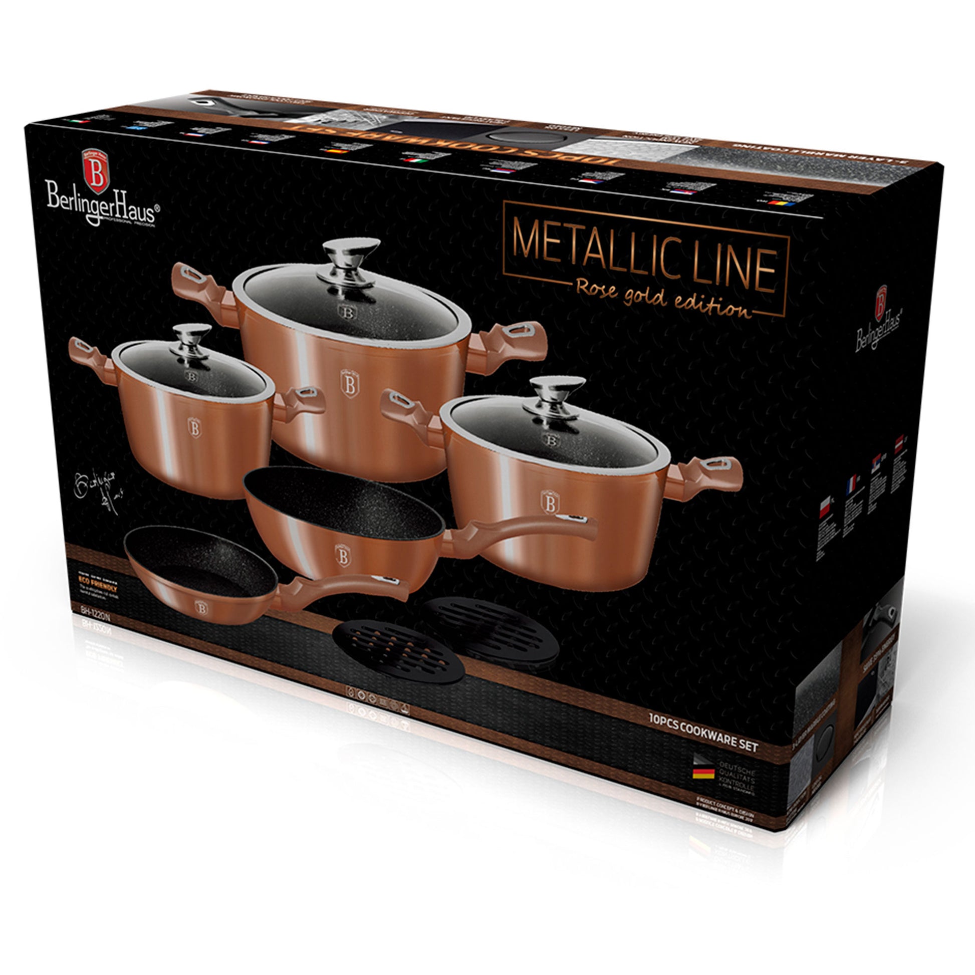 Batería Cocina Inducción 10 Piezas, Antiadherente Mármol Sin Pfoa, Aluminio, Cazuelas Sartenes Berlinger Haus Rose Gold Oro Rosado