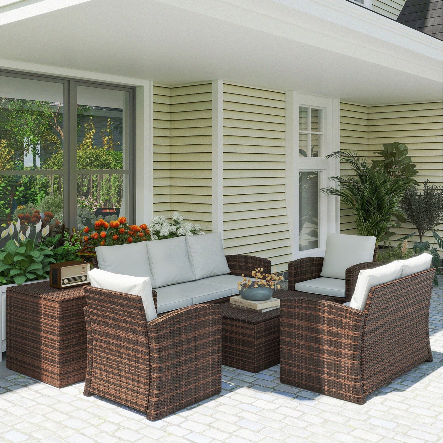 Outsunny Conjunto De Jardín Exterior De Ratán Sintético De 6 Piezas Beige_1