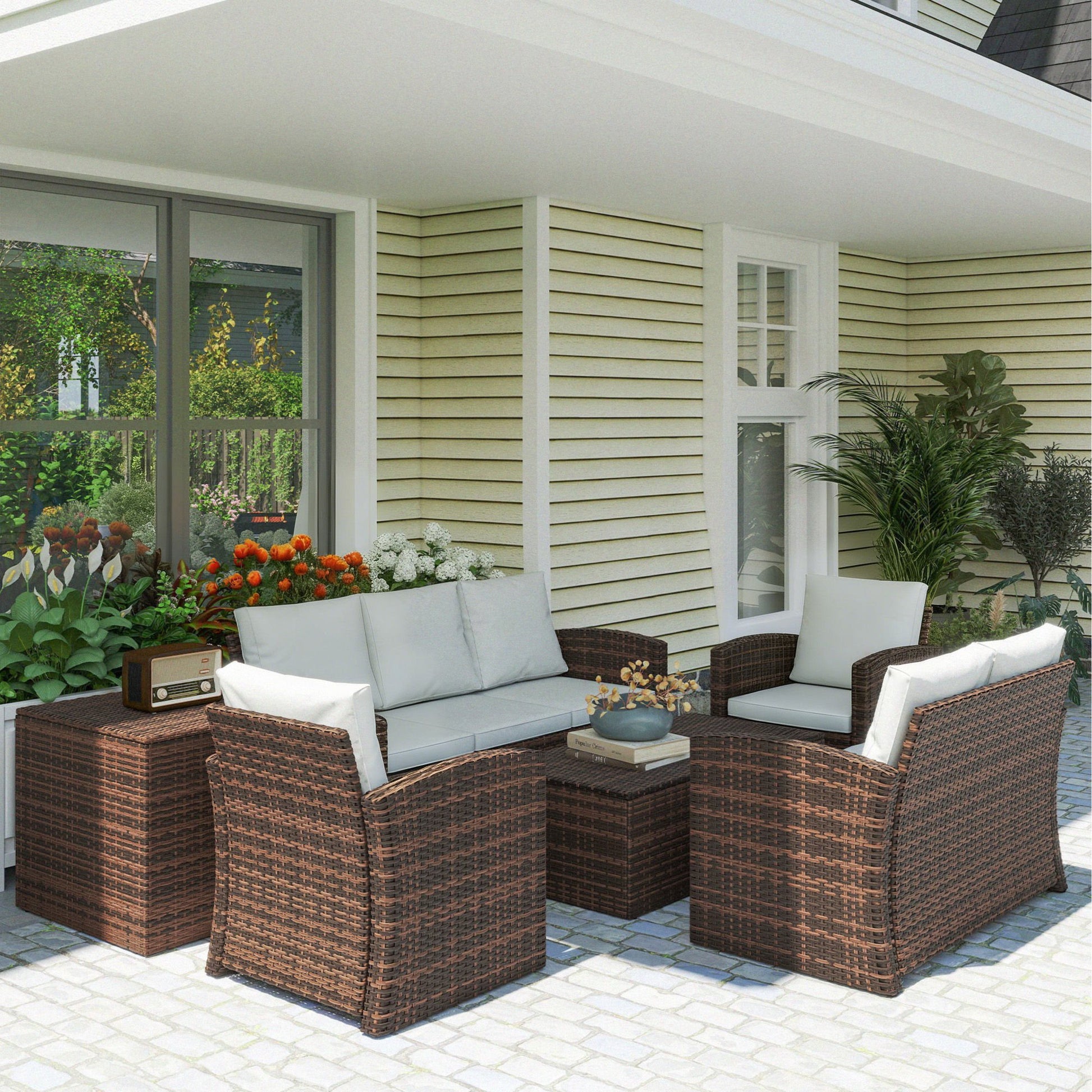 Outsunny Conjunto De Jardín Exterior De Ratán Sintético De 6 Piezas Beige_1