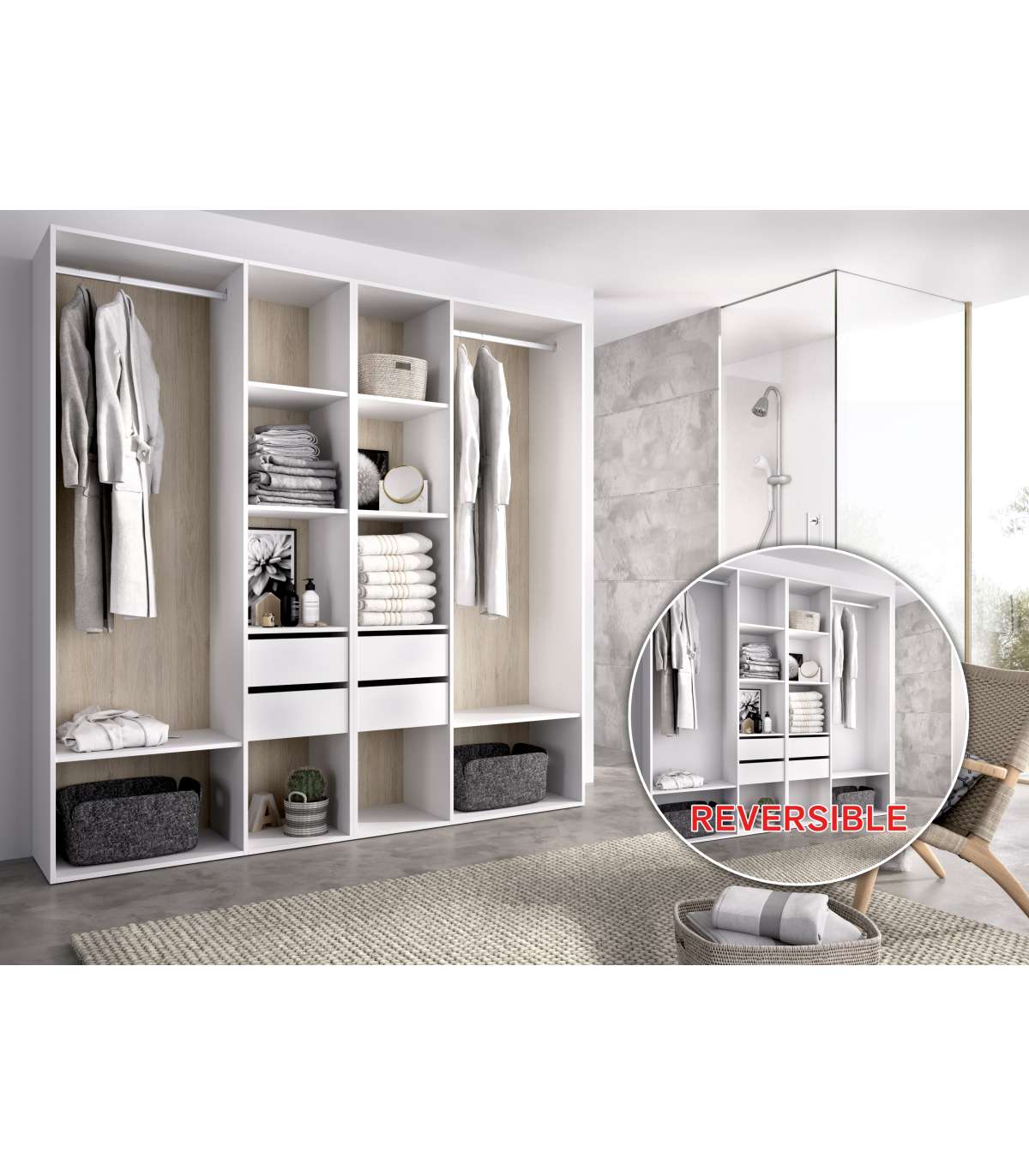 Vestidor Reus 4 Cajones, 10 Huecos Y Trasera Reversible En Blanco/natural, 205cm(alto) 196_5
