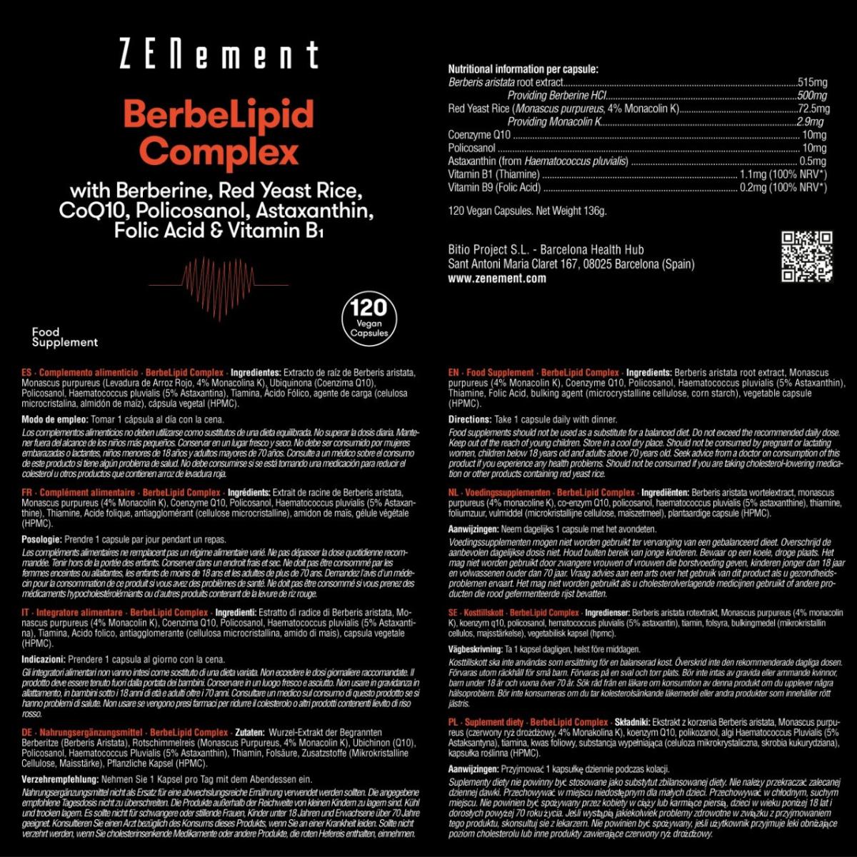 BeberLipid Complex con berberina, levadura de arroz rojo, policosanol, Q10, astaxantina, ácido fólico y vitamina B1 Zenement, 120 comprimidos