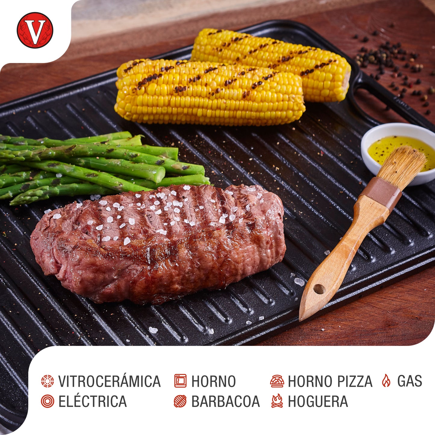 Victoria Plancha Cocina Hierro Fundido Esmaltado Parrilla Reversible 50x35cm, Fuego Barbacoa Sin Ptfe, 34184, Negro_3