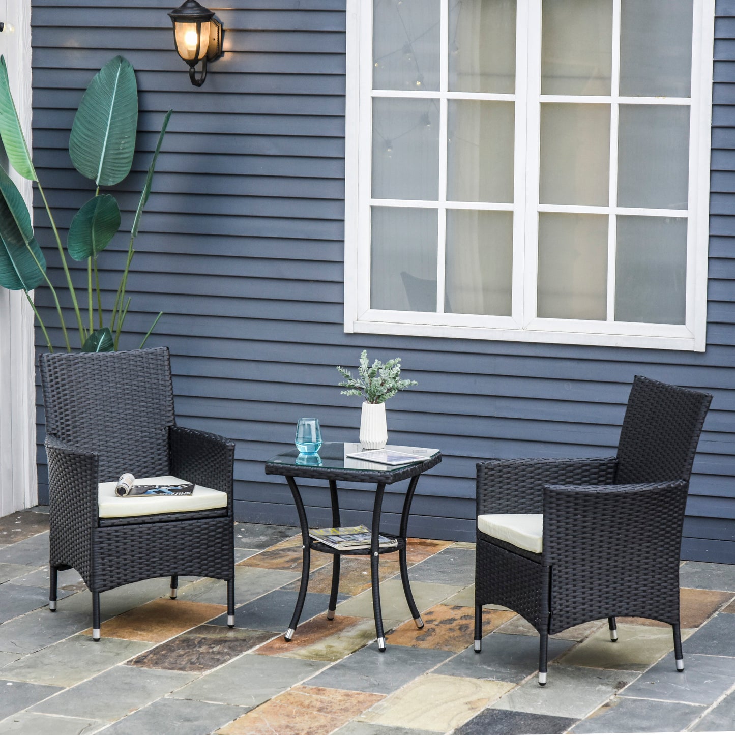 Outsunny Conjunto De Muebles De Exterior De Ratán 1 Mesa 2 Sillas Negro_1