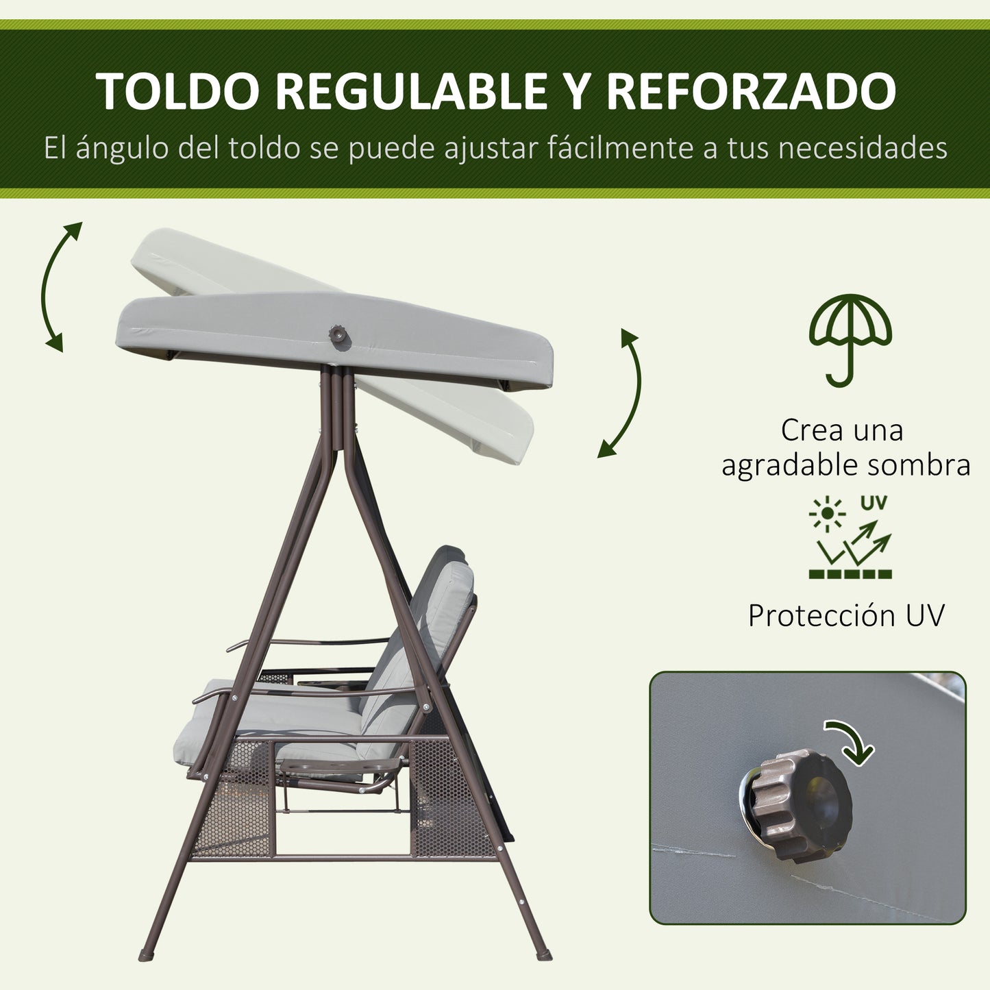 Outsunny Columpio De Jardín 3 Plazas Techo 2 Cojines 116x206x183cm Gris_3