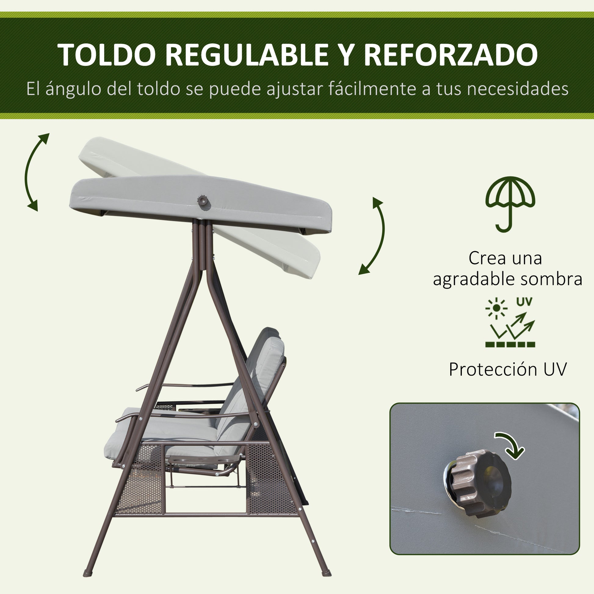 Outsunny Columpio De Jardín 3 Plazas Techo 2 Cojines 116x206x183cm Gris_3