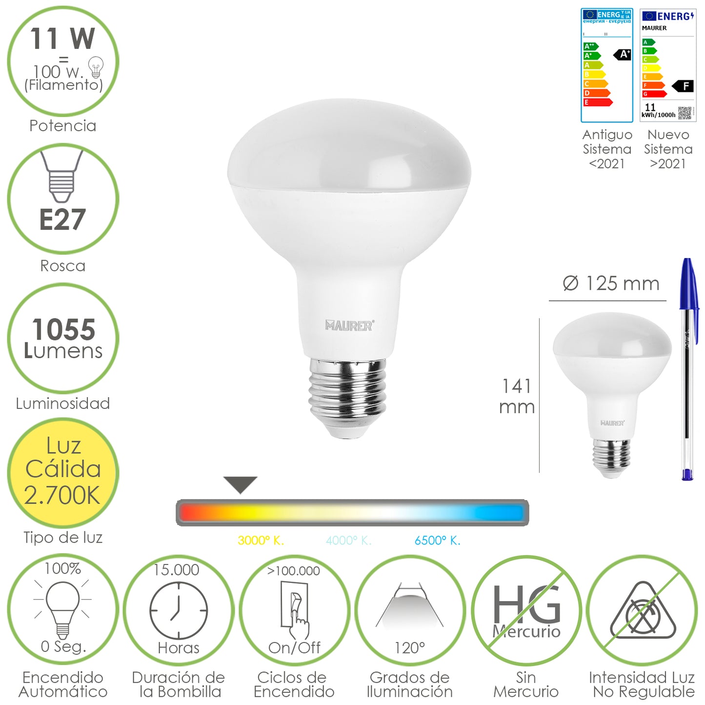 Bombilla Led Reflectante E27, 11 Watt, Equivale A 100 Watt, 1055 Lumenes, Luz Calida 2700âº K,_0