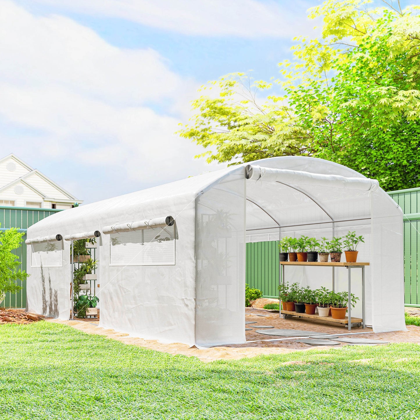 Outsunny Invernadero De Túnel 6x3x2 M Con 3 Puertas Enrollables Ventanas Blanco_3