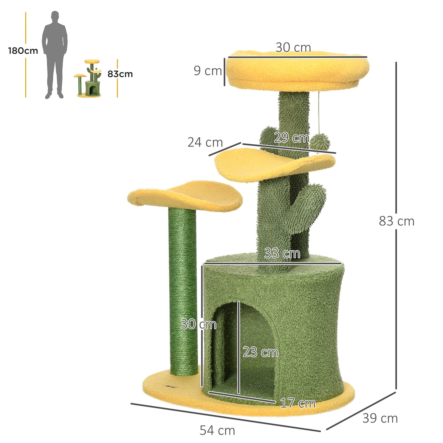 Pawhut Árbol Rascador Para Gatos En Forma De Cactus Altura 83 Cm Con Cama Caseta_2